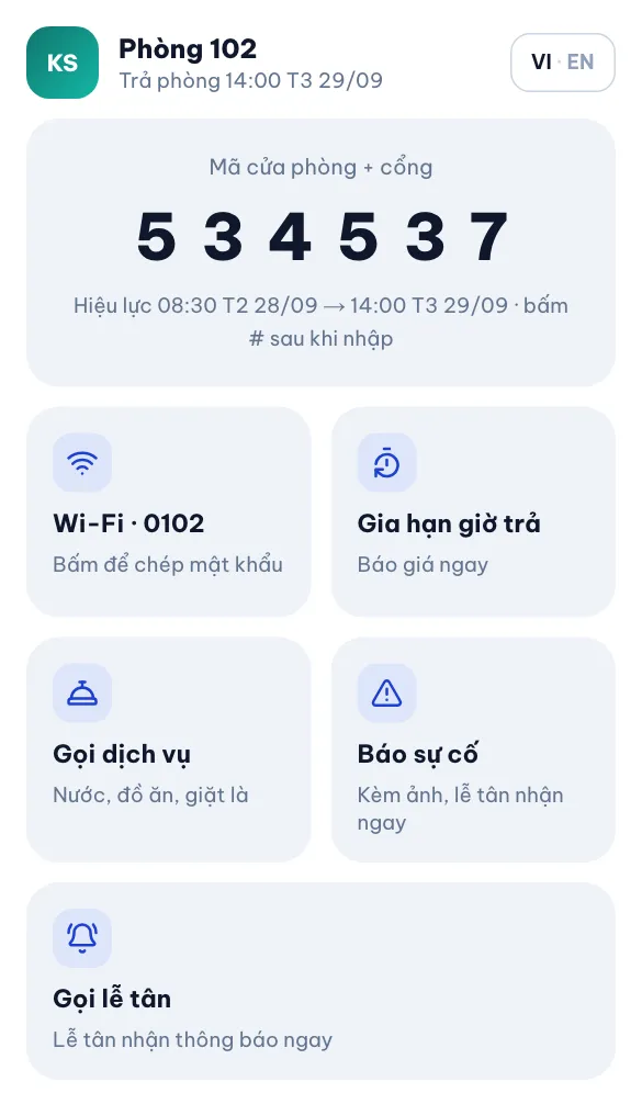 Đang ở — Mã cửa phòng và cổng, Wi-Fi, gọi dịch vụ, báo sự cố