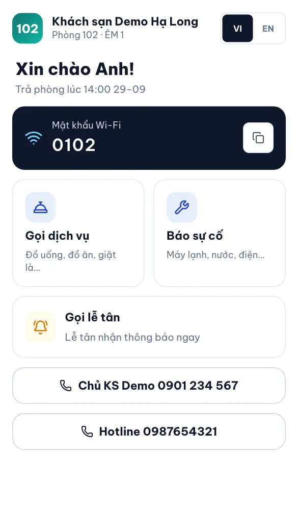 QR dán trong phòng — Wi-Fi, gọi dịch vụ, báo sự cố, gọi lễ tân