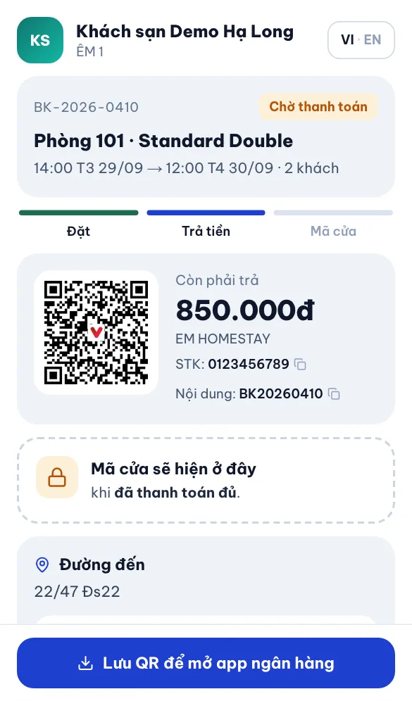 Chờ thanh toán — QR đúng số còn phải trả, nội dung là mã đặt phòng
