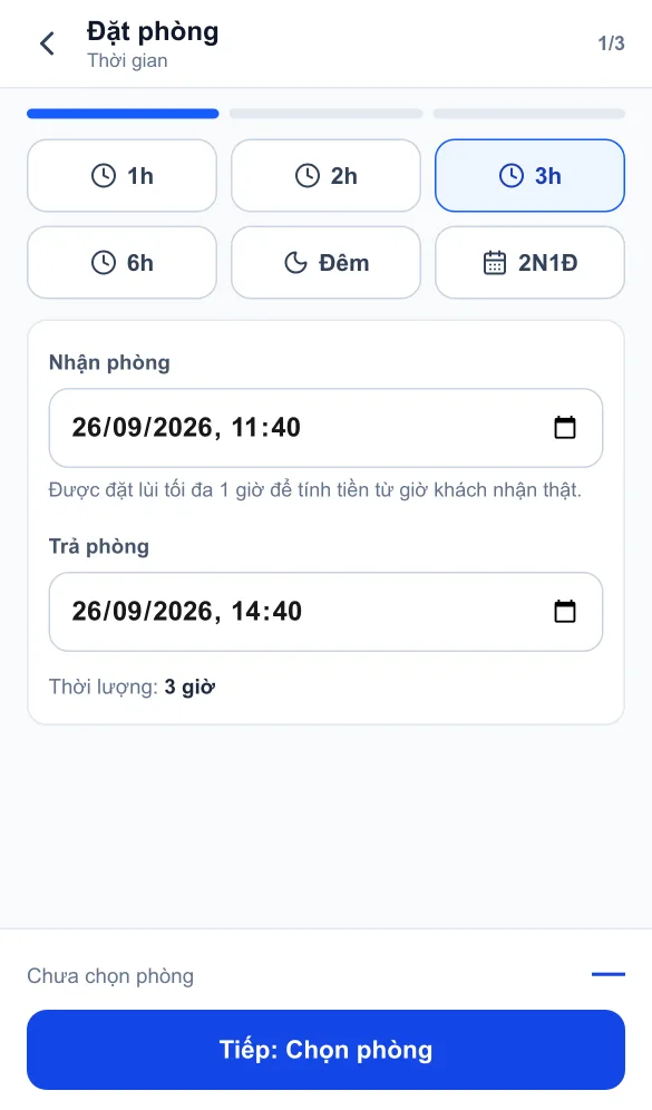 Đặt phòng — Chọn nhanh 1h · 3h · 6h · Đêm · 2N1Đ, 3 bước là xong