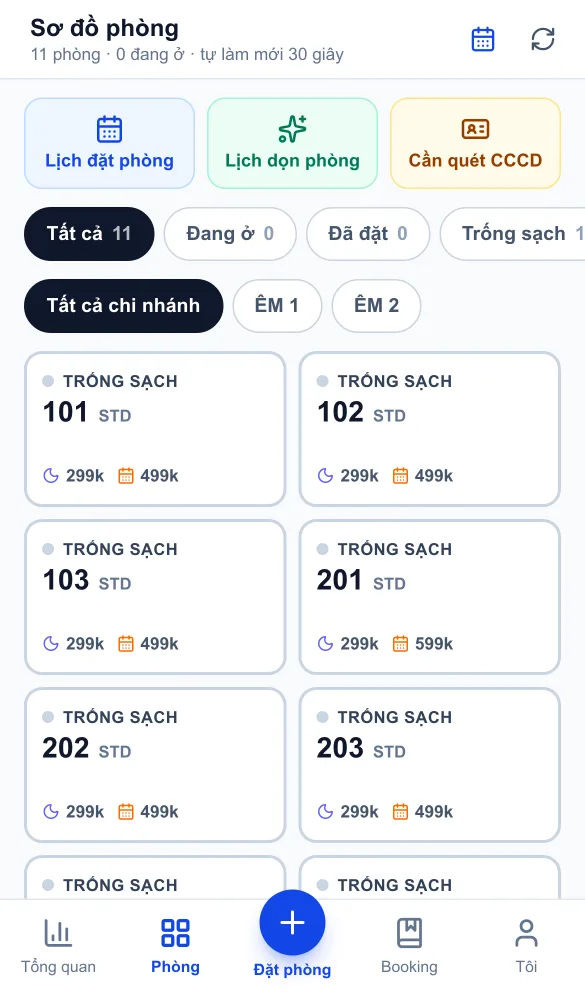 Sơ đồ phòng — Lọc trạng thái, chi nhánh; lối tắt lịch và quét căn cước