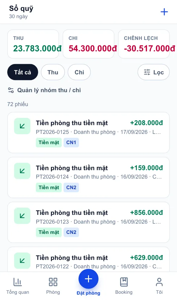 Sổ quỹ — Thu, chi, chênh lệch; phiếu chi chụp chứng từ