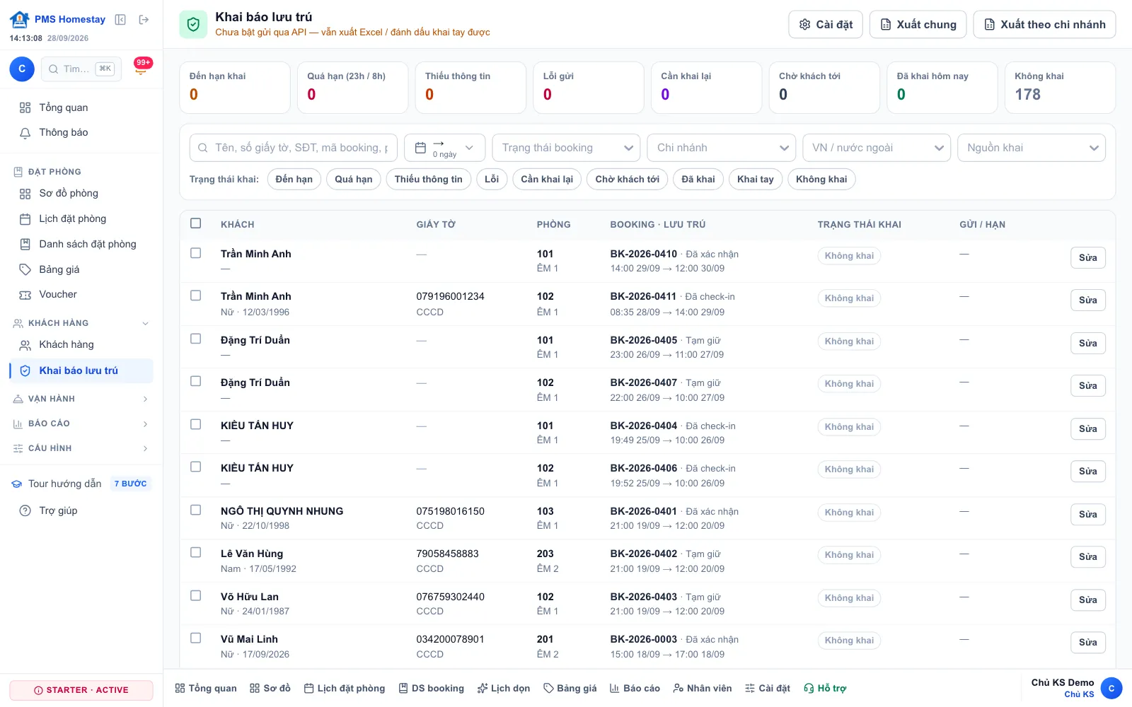 Màn Khai báo lưu trú: đếm theo trạng thái, lọc chi nhánh, xuất Excel theo mẫu
