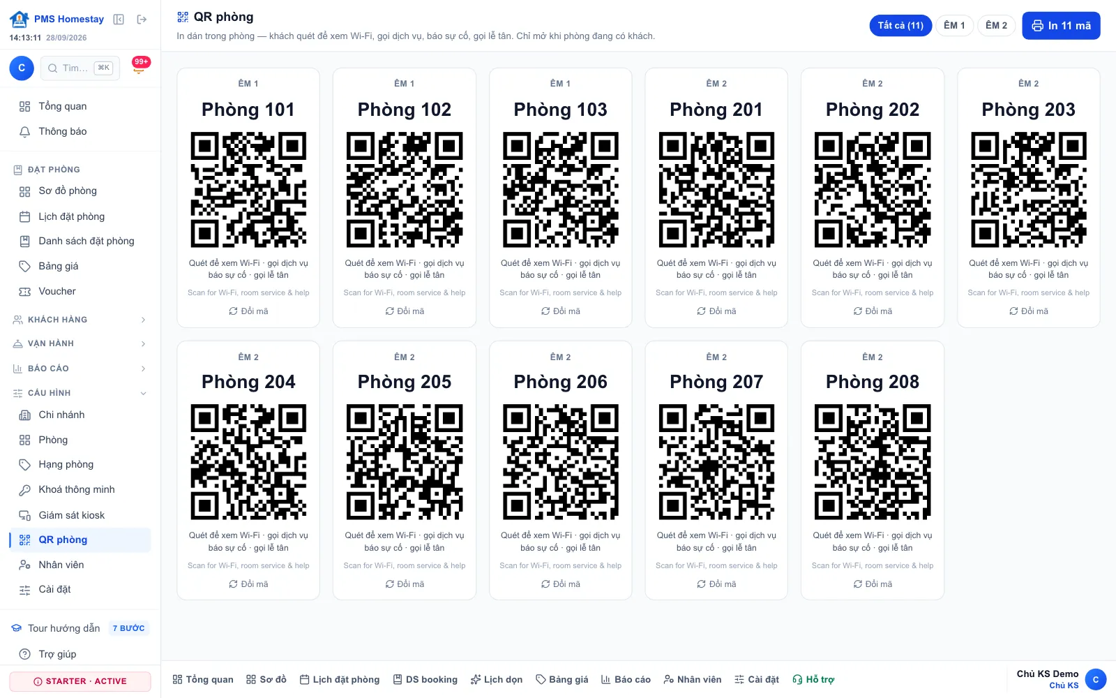 In QR phòng — In theo chi nhánh, đổi mã khi QR bị lộ