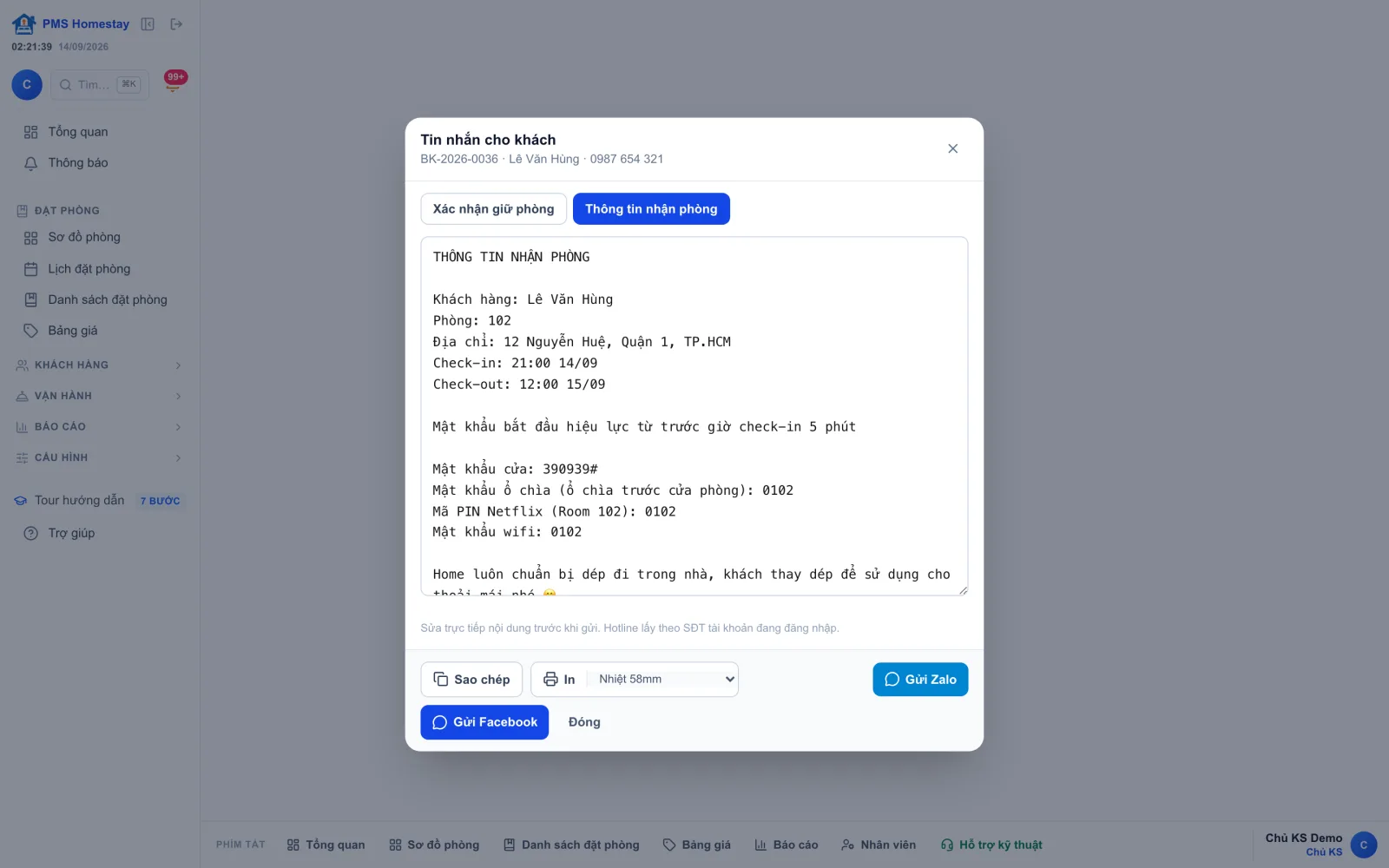 Tin nhắn thông tin nhận phòng: mật khẩu cửa, ổ chìa, Wi-Fi