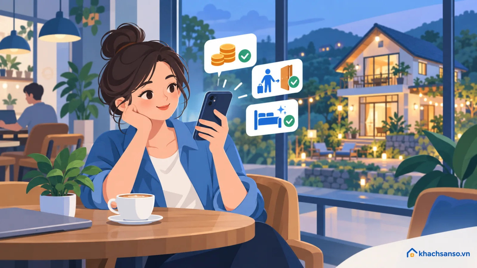 Chủ cơ sở theo dõi tiền về và nhận phòng trên điện thoại